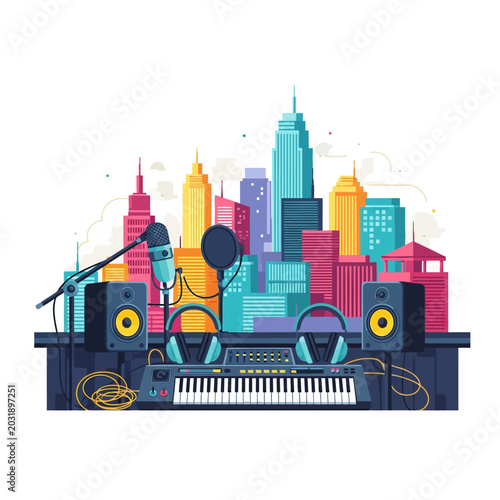 Music Studio Cityscape: Recording Equipment & Skyline Illustration