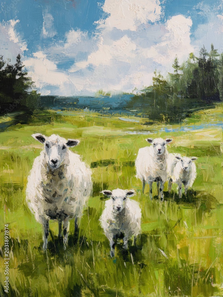 Obraz premium Sheep and lambs standing on green grass field with trees and cloudy sky in rural landscape. Farm animals grazing in natural environment during daytime.