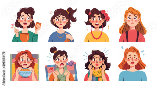 Foto Collection of Woman's Expression of Fear: A set of eight illustrated portraits showcasing diverse women expressing various degrees of fear, anxiety