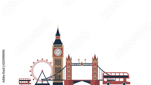 Obraz na płótnie Illustrated big ben clock tower with london bridge and red double-decker bus in
