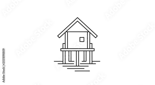 Minimalist Line Art of a Stilt House on Water, Simple Icon, Vector Illustration