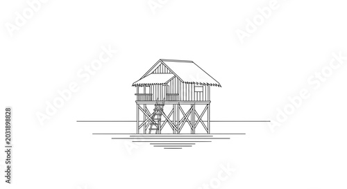 Minimalist Line Art of a Stilt House on Water, Simple Sketch of a Tropical Hut