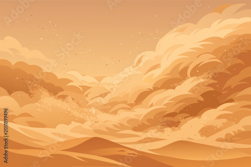 Realistic vector background of a desert sandstorm featuring swirling sandy smoke clouds, fine dust particles, and golden dunes under a hazy orange sky, ideal for dramatic atmosphere and nature.