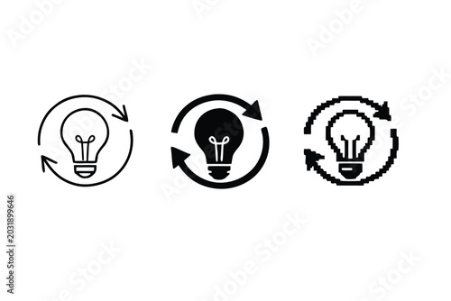 Set of Light Bulb Icons with Circular Arrows in Line Art, Solid, and Pixel Art Styles; Symbols for Creative Ideas, Innovation, Energy Efficiency, Sustainability, and Refreshing Concepts Vector