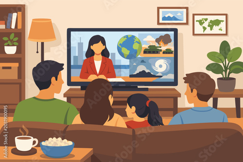 Family Watching Global News Broadcast Together in Cozy Living Room on Sofa with Popcorn and Coffee; Vector Illustration of People Staying Informed About World Events, War, and Natural Disasters.
