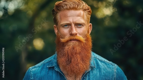 Portrait of a rugged man with a long red beard and blue eyes, wearing a denim shirt outdoors