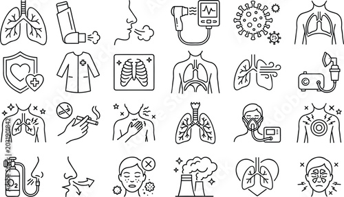 Schilderij op canvas Respiratory health and lung disease line icons depicting asthma allergy air pollution and medical ventilation