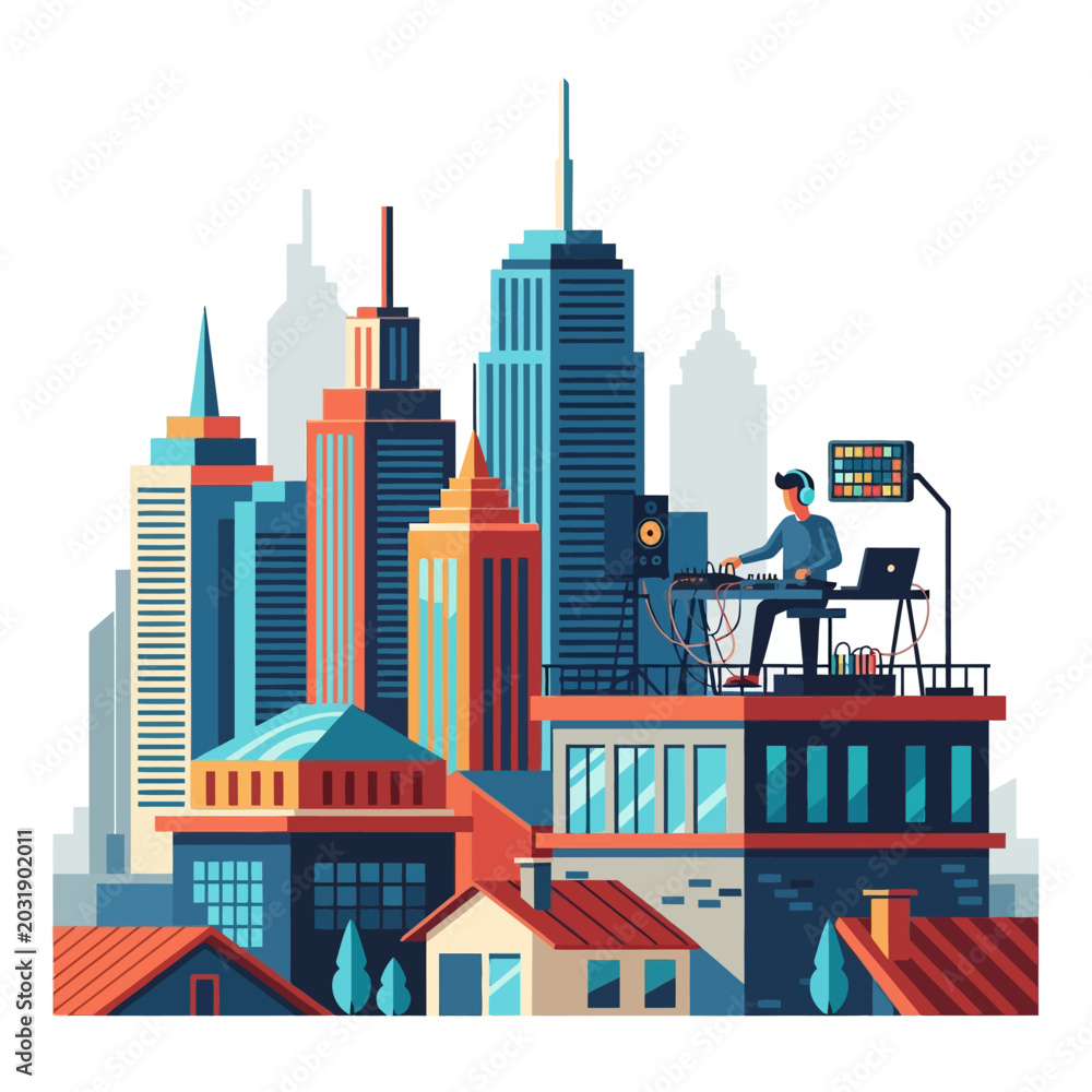 Obraz premium Urban DJ Performance: Cityscape Music Vibes Illustration