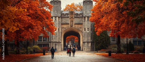 Autumnal campus archway; students walk; fall foliage