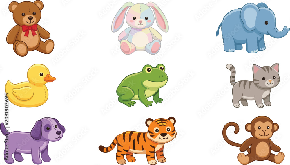 Fototapeta premium Cute Baby Animal Set with Bear Bunny Elephant Duck Frog Cat Dog Tiger and Monkey Cartoon Character Vector&nbsp;