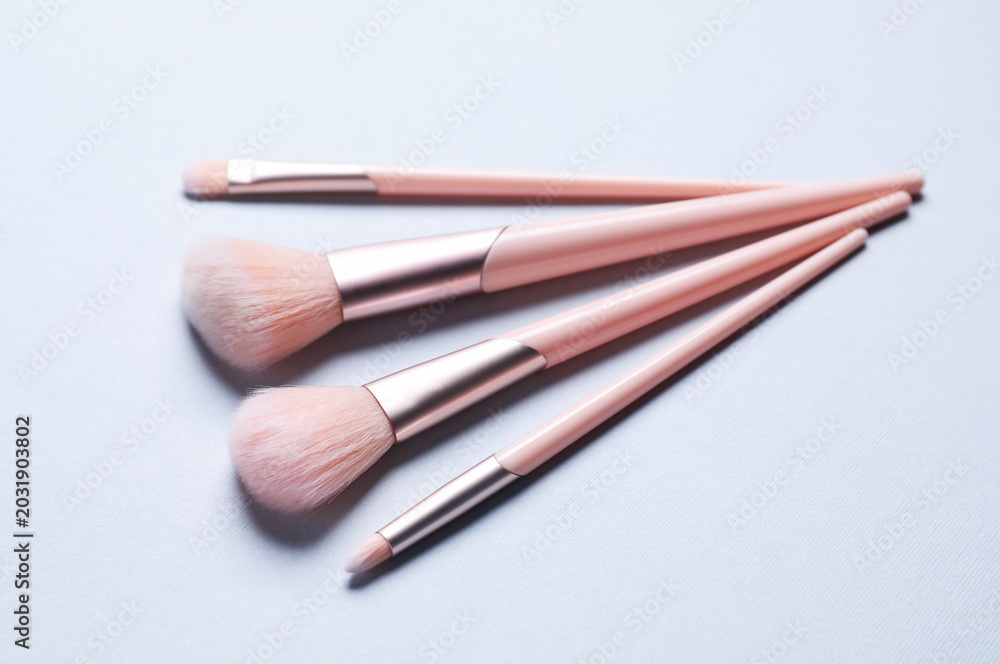 Fototapeta premium Set of makeup brushes on light grey background