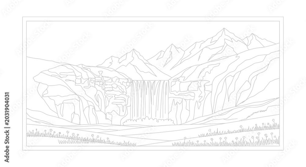 Fototapeta premium Majestic Waterfall Cascading Down Rugged Mountains into a Serene Valley Landscape