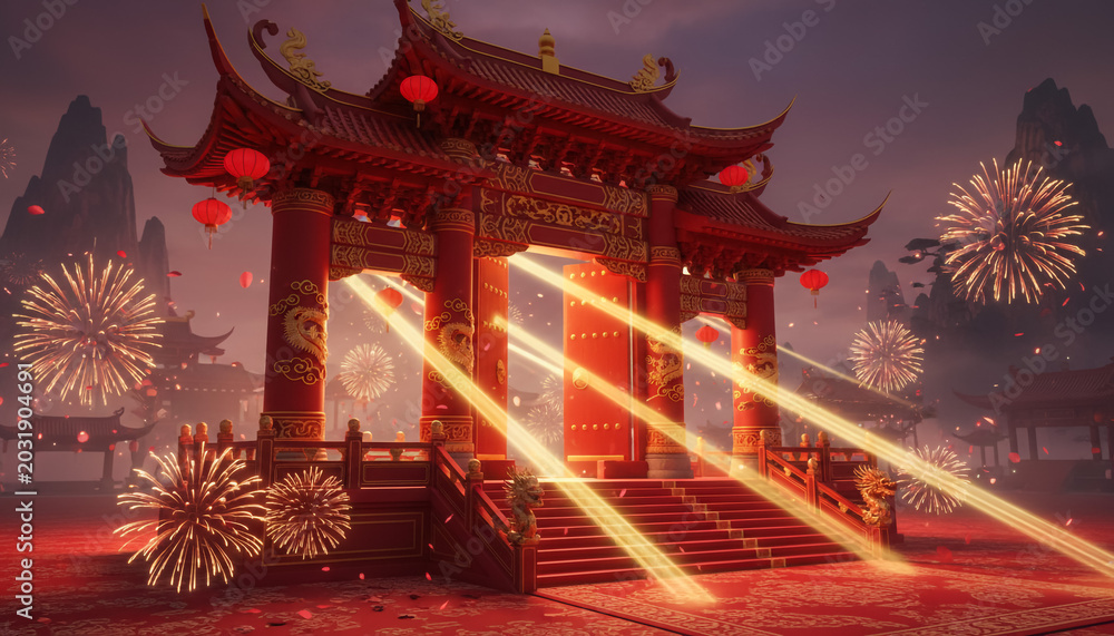 Fototapeta premium Chinese temple gate with fireworks at night