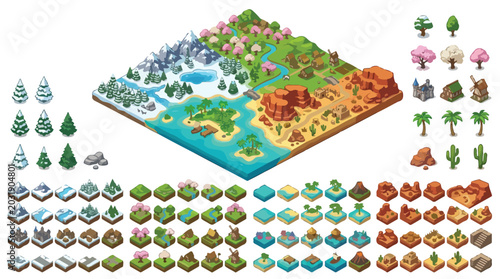 Isometric game map tileset with diverse biomes, 3D world building kit for strategy games, winter forest and desert landscape vector elements