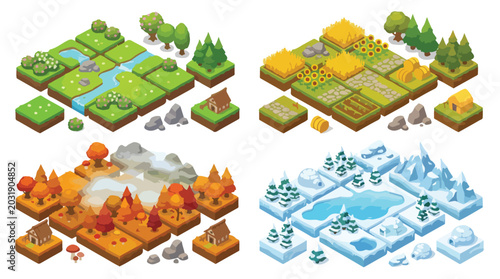 Isometric landscape map tiles set, 3D nature environment constructor for game design, seasonal biome world building elements vector
