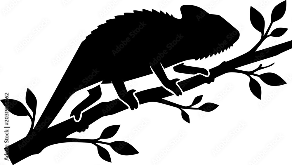 Obraz premium Chameleon silhouette resting on branch minimalist black line art vector illustration