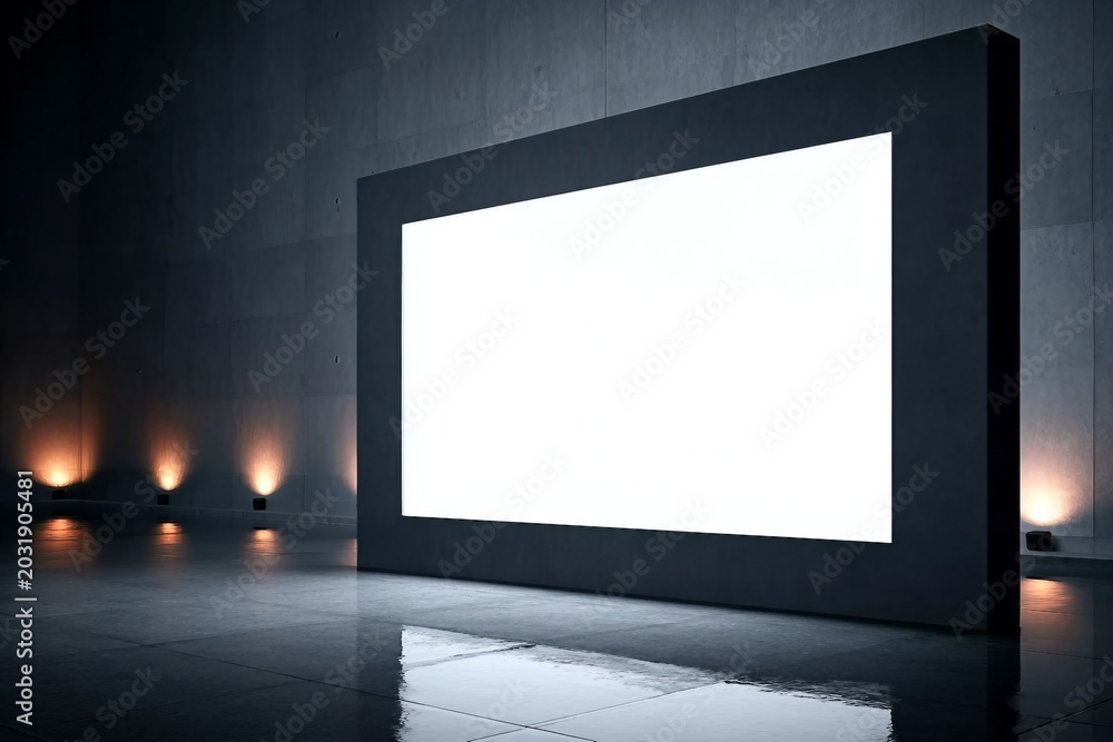 Fototapeta premium Modern exhibition hall interior with empty white poster and reflections on concrete flooring. Mock up, 3D Rendering