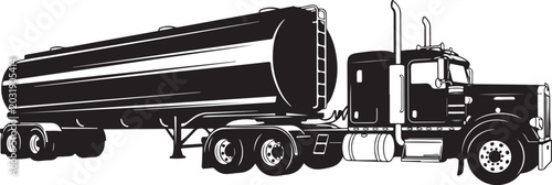 Black and white vector illustration of a semi truck pulling a large fuel tanker trailer isolated on a clean white background for design projects