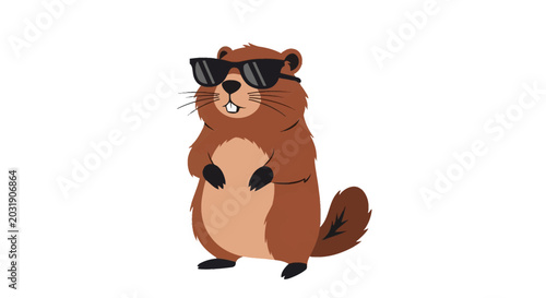 2D vector illustration of a standing brown groundhog wearing black sunglasses and smiling, showing teeth, mascot character design isolated on a plain white background.