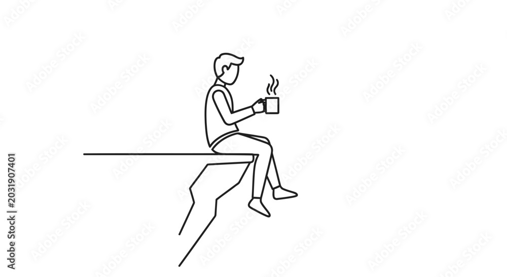 Fototapeta premium Man Sitting on Cliff Edge Holding Hot Drink, Contemplating View
