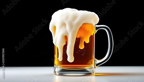 A close-up, studio shot features a clear glass mug filled with amber-colored beer and a thick, overflowing head of white foam