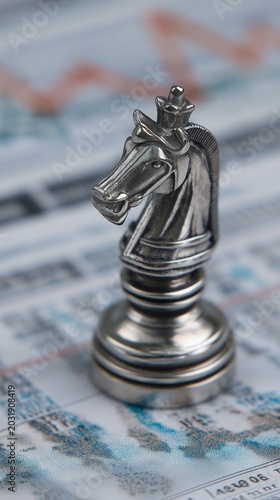 On the financial data chessboard, a metallic knight chess piece represents strategy.