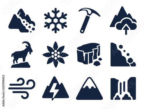 Tableau sur toile Bold Alpine and Mountain Icon Set with Avalanche Ice Axe Snowflake Ibex Edelweis