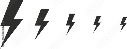 Fotografie Set of lightning bolt icons in diminishing sizes with black and white thunderbol