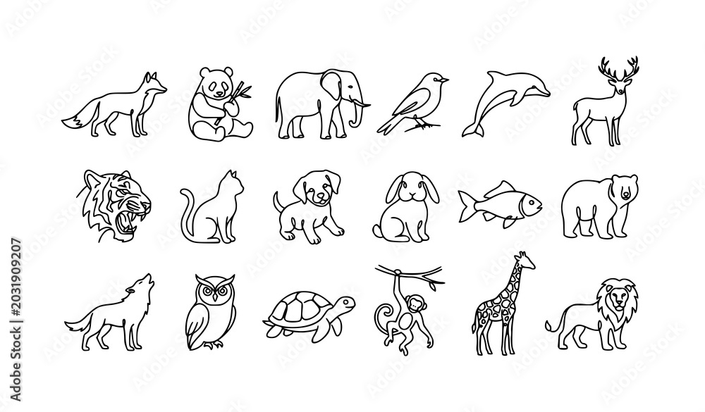 Obraz premium Modern continuous line animal icon set with black and white minimalist vector symbols