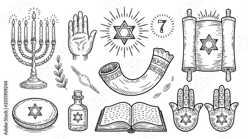 Obraz na płótnie Hand drawn jewish traditional symbols vector set with menorah shofar torah scrol