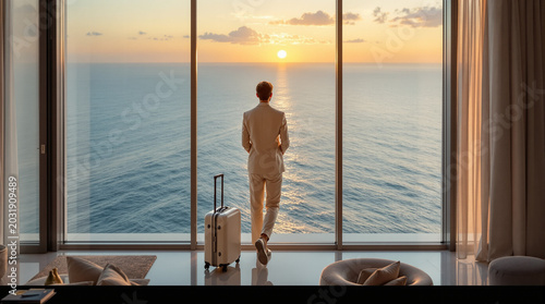 man looking out window