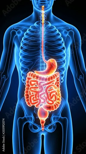 Human Digestive System 3D Anatomy Illustration With Vibrant Colors Over A Black Background For Medical And Educational Use