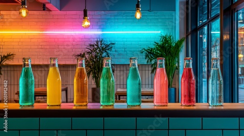 Variety of Colorful Glass Beverage Bottles Displayed on Wooden Counter with Neon Lights in Modern Interior Space