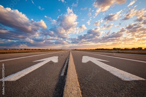 Wide Highway Under Dramatic Clouds at Sunset with Arrows Indicating Direction and Horizon Perspective