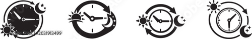 Day night cycle schedule icon set with sun moon and clock for circadian rhythm vector design.
