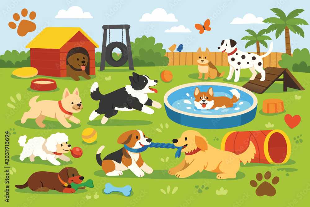 Naklejka premium Flat Vector Illustration of a Happy Dog Daycare and Play Park with Various Puppy Breeds Playing with Toys, Swimming in a Pool, Running through Tunnels, and Enjoying Outdoor Pet Care Activities.
