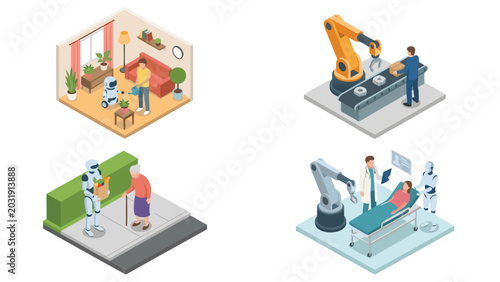 Isometric Vector Illustration Set of Robots Assisting Humans in Diverse Scenes: Home Gardening, Industrial Factory Work, Elderly Care Grocery Support, and Medical Healthcare Patient Assistance.