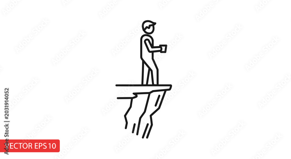 Fototapeta premium Man on cliff edge holding coffee cup, looking out at view, risk, contemplation, business concept
