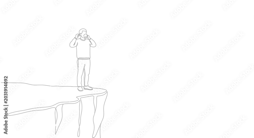 Obraz premium Man on cliff edge looking through binoculars, adventure, exploration, discovery concept