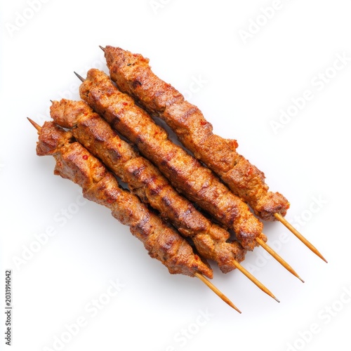 Delicious Grilled Meat Skewers with Juicy Texture and Flavorful Seasoning on White Background