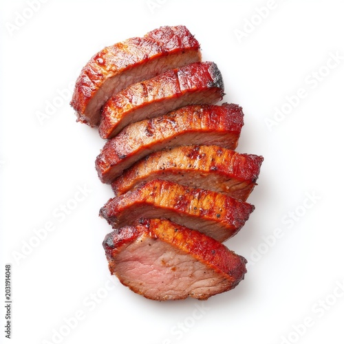 Sliced Juicy Barbecue Meat Displayed on White Background for Culinary Inspiration and Food Photography