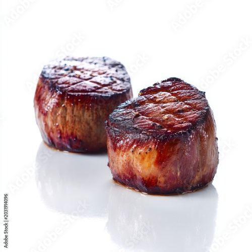 Juicy Grilled Beef Tenderloin Steaks with Charred Marks and Succulent Texture on a White Background