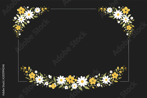 Elegant Black Rectangular Frame with White and Yellow Daisy Floral Decorations, Botanical Border with Wildflowers and Green Leaves for Wedding Invitations, Greeting Cards, and Stationery Design.