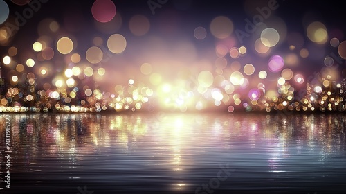 Nighttime city lights reflected on calm water with bokeh effect