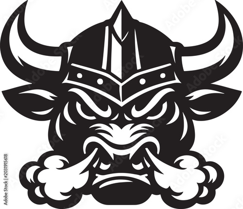 Angry minotaur bull mascot head wearing a viking helmet with horns blowing steam out of its nose, black and white vector silhouette