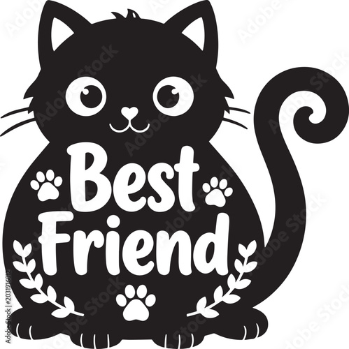 Best Friend Black Cat Silhouette Cute Kitten Typography SVG Vector Sticker T-Shirt Pet Lover Gift Paw Print Cartoon Design
