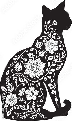 Floral Cat Silhouette Black White Ornamental Botanical Feline Vector Art Boho Flower Cat SVG Sticker Wall Decal Print Design