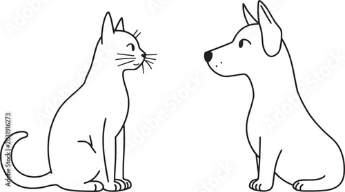 Cat and Dog Facing Each Other Cute Outline Vector Illustration SVG Clipart Best Friends Pet Lover Cartoon Line Art Design
