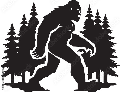 Bigfoot sasquatch silhouette walking through a pine tree forest, classic cryptid wilderness vector illustration, black and white