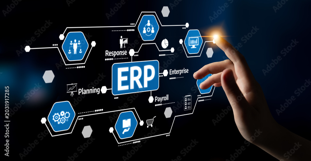 Fototapeta premium A human hand interacts with a digital interface representing an ERP system, showcasing business management elements like planning, payroll, and analytics for enhanced efficiency. Tessel
